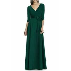 NEW Alfred Sung Jersey Mikado V Neck 3/4 Sleeve A-Line Gown in Hunter Green